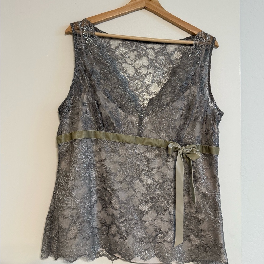 LOFT Gray Lace Top with Olive Ribbon